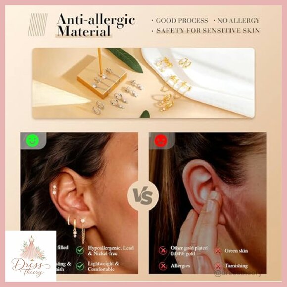 18K Gold Plated Pearl Stud Huggie Hoop Dangle Chain Earring Stack Set - Picture 6 of 8